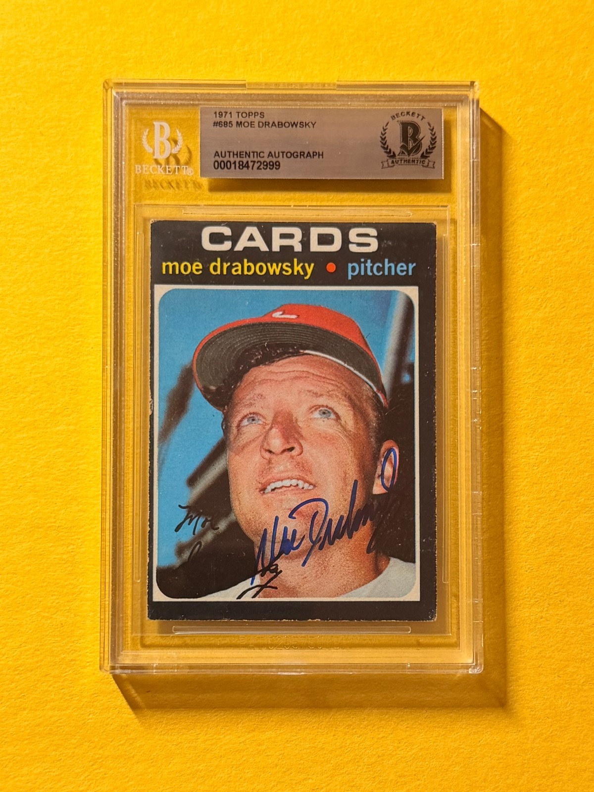 1971 TOPPS MOE DRABOWSKY #685 SIGNED AUTO CARD BECKETT AUTHENTIC CARDINALS