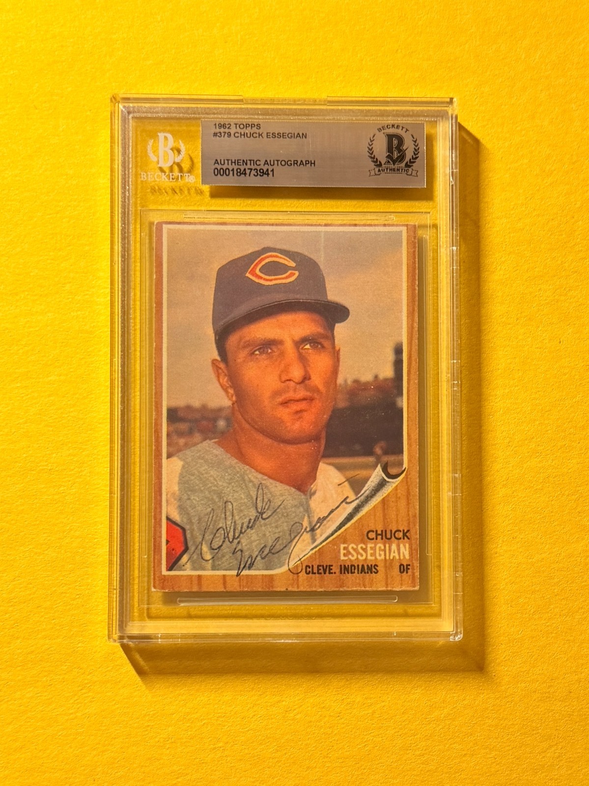 1962 TOPPS CHUCK ESSEGIAN #379 SIGNED AUTO CARD BECKETT AUTHENTIC CLEVELAND