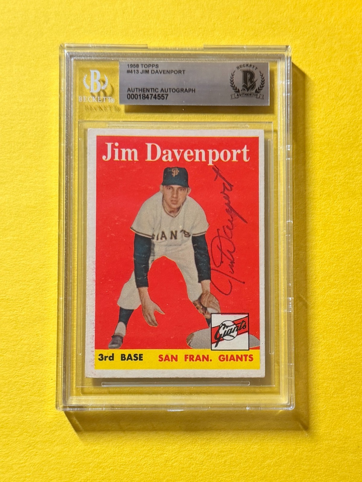 1958 TOPPS JIM DAVENPORT #413 SIGNED AUTO CARD BECKETT AUTHENTIC GIANTS