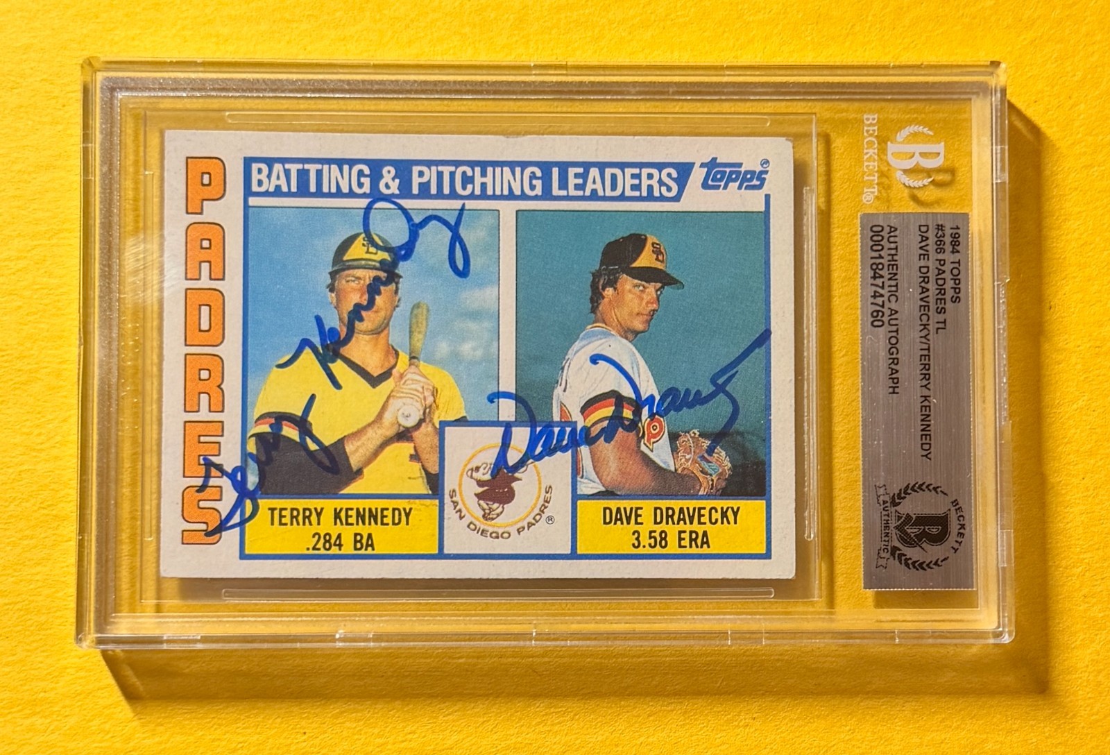 1984 TOPPS DAVE DRAVECKY / KENNEDY #366 DUAL AUTO CARD BECKETT AUTHENTIC PADRES