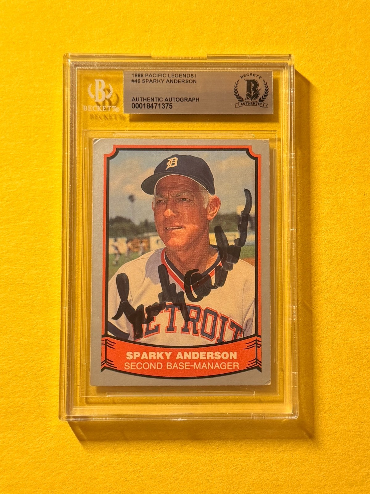 1988 PACIFIC LEGENDS 1 SPARKY ANDERSON #46 SIGNED AUTO CARD BECKETT AUTHENTIC