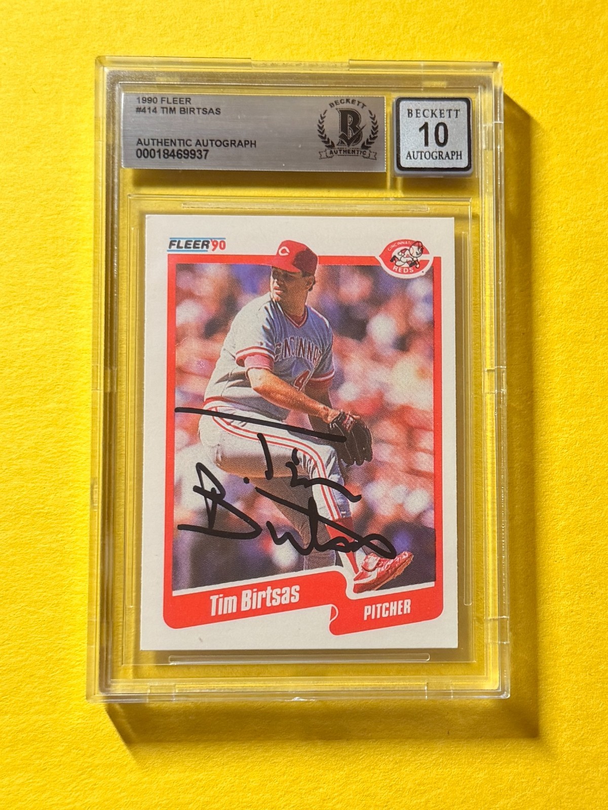 1990 FLEER TIM BIRTSAS #414 SIGNED AUTO CARD BECKETT AUTHENTIC REDS