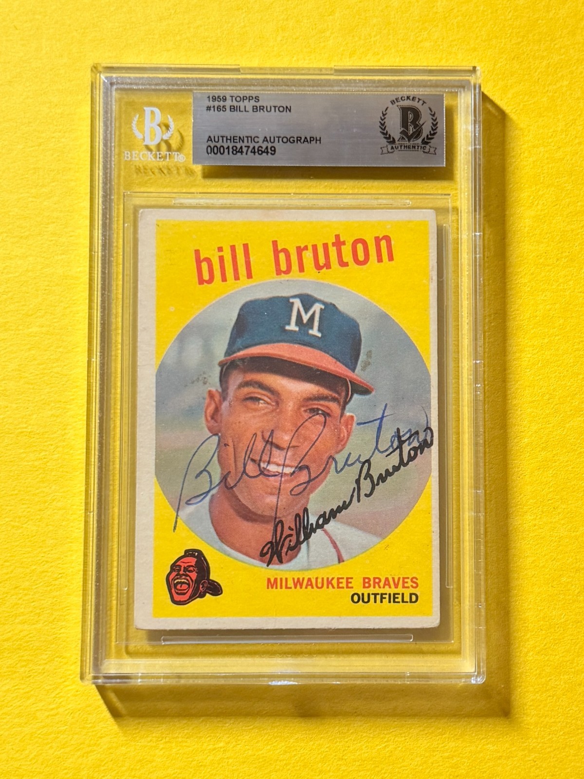 1959 TOPPS BILL BRUTON #165 SIGNED AUTO CARD BECKETT AUTHENTIC BRAVES
