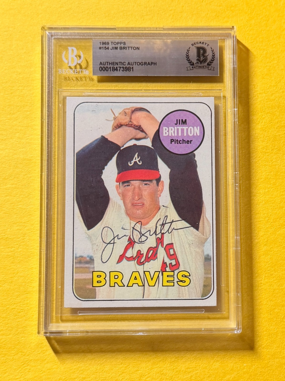 1969 TOPPS JIM BRITTON #154 SIGNED AUTO CARD BECKETT AUTHENTIC BRAVES