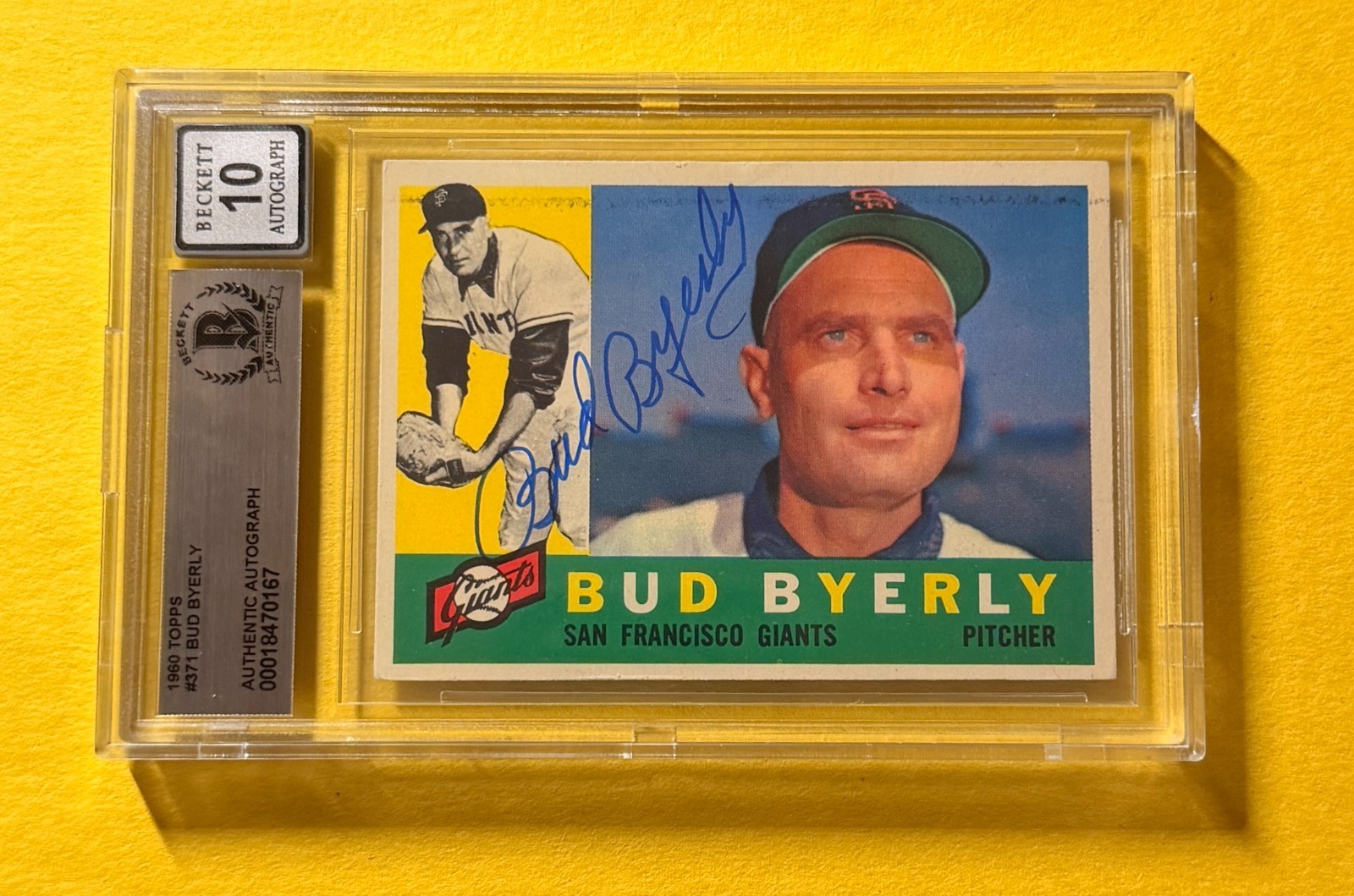 1960 TOPPS BUD BYERLY #371 SIGNED AUTO CARD BECKETT 10 AUTHENTIC GIANTS