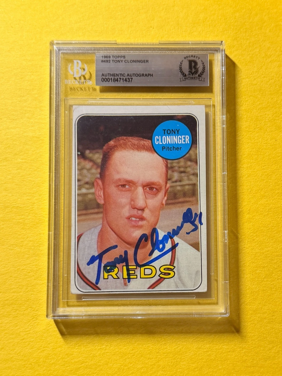 1969 TOPPS TONY CLONINGER #492 SIGNED AUTO CARD BECKETT AUTHENTIC REDS