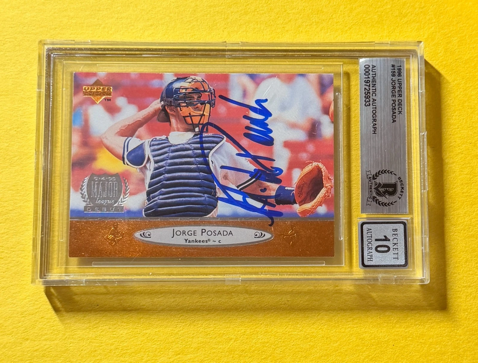 1996 UPPER DECK JORGE POSADA #159 SIGNED AUTO CARD BECKETT 10 AUTHENTIC YANKEES