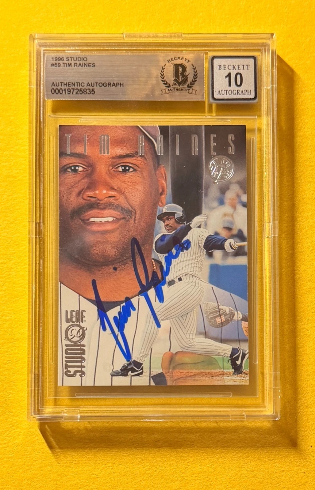 1996 LEAF STUDIO TIM RAINES #59 SIGNED AUTO CARD BECKETT 10 AUTHENTIC YANKEES