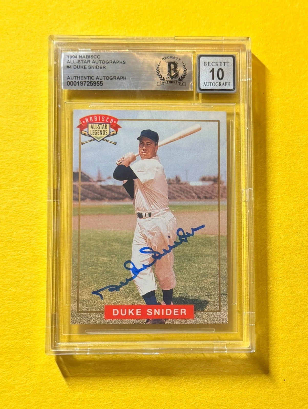 1994 NABISCO ALL-STAR AUTOS DUKE SNIDER #4 SIGNED AUTO CARD BECKETT 10 AUTHENTIC