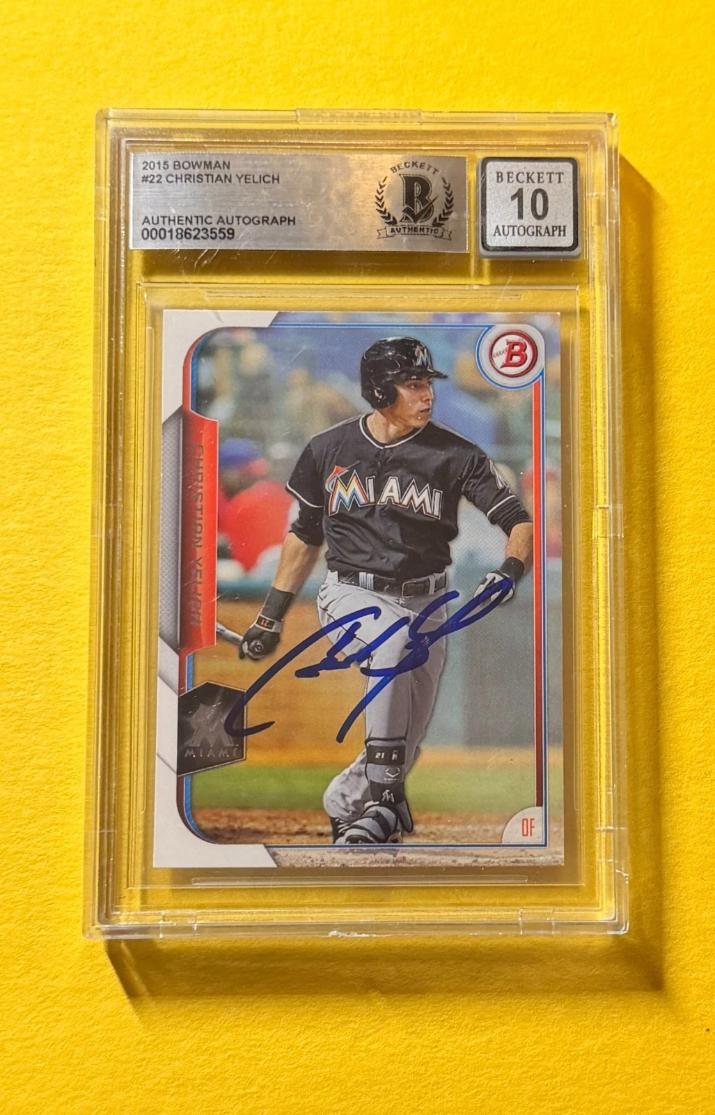 2015 BOWMAN CHRISTIAN YELICH #22 SIGNED AUTO CARD BECKETT 10 AUTHENTIC MARLINS