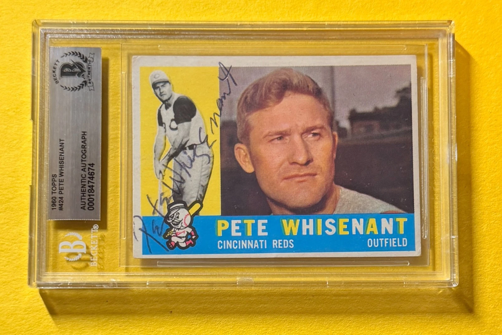 1960 TOPPS PETE WHISENANT #424 SIGNED AUTO CARD BECKETT AUTHENTIC REDS
