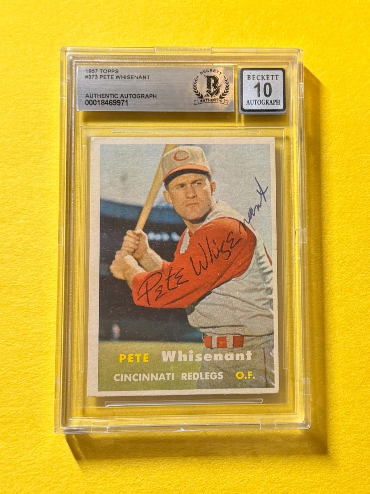 1957 TOPPS PETE WHISENANT #373 SIGNED AUTO CARD BECKETT 10 AUTHENTIC REDS