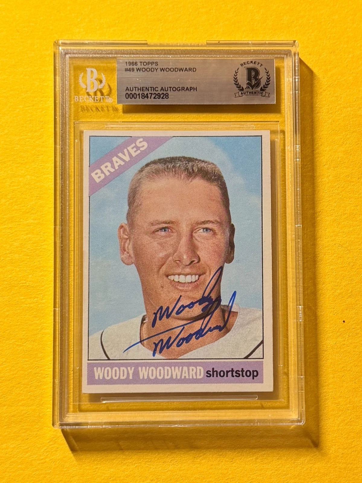 1966 TOPPS WOODY WOODWARD #49 SIGNED AUTO CARD BECKETT AUTH BRAVES