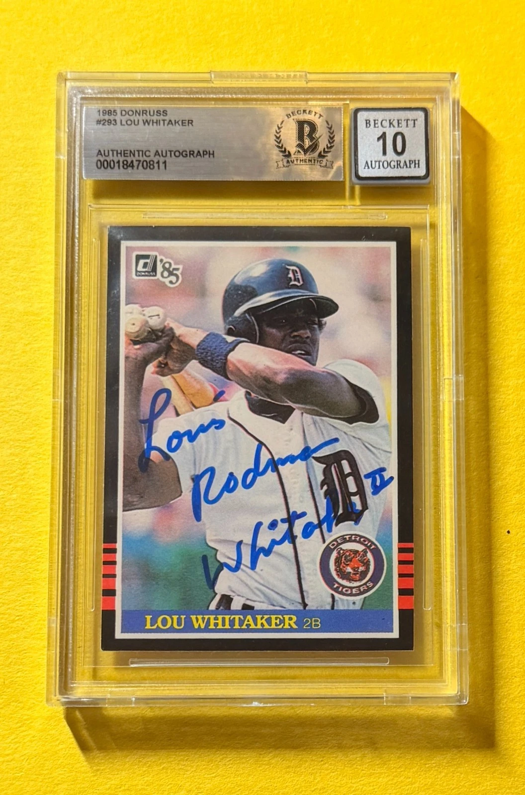 1985 DONRUSS LOU WHITAKER #293 SIGNED AUTO CARD BECKETT 10 AUTH TIGERS