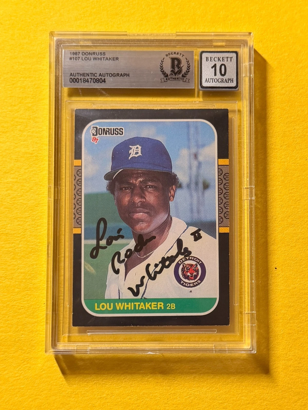 1987 DONRUSS LOU WHITAKER #107 SIGNED AUTO CARD BECKETT 10 AUTH TIGERS