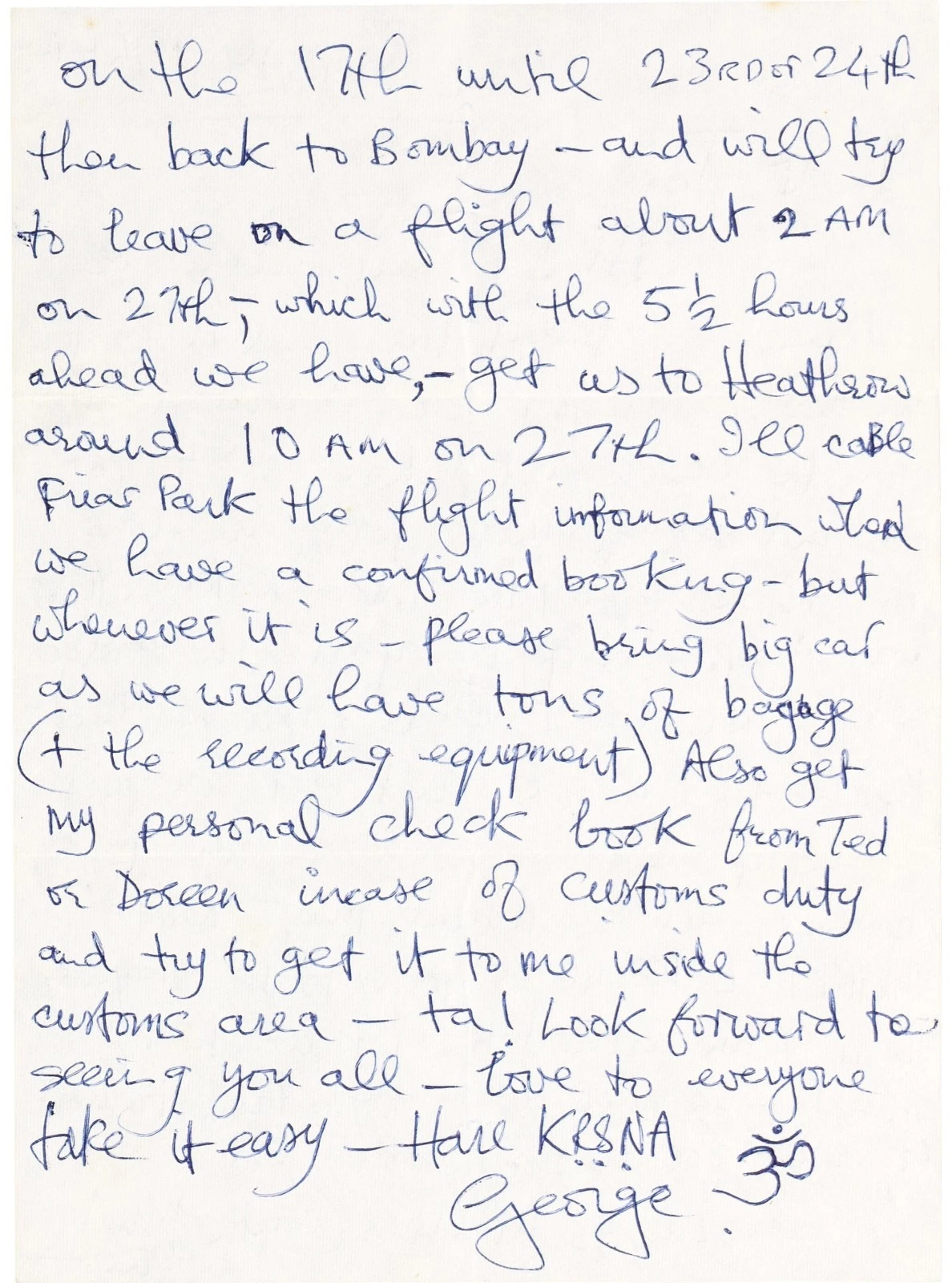 George Harrison Signed Handwritten 1974 Letter Beatles Beckett BAS PSA/DNA PSA
