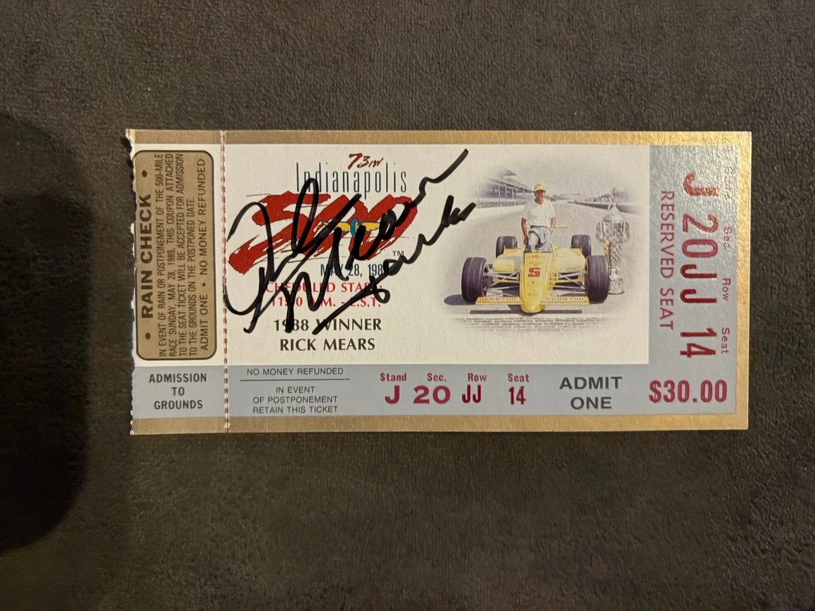1989 Indy 500 Rick Mears Signed Ticket Stub (1988 Indy Race Winner) Auto