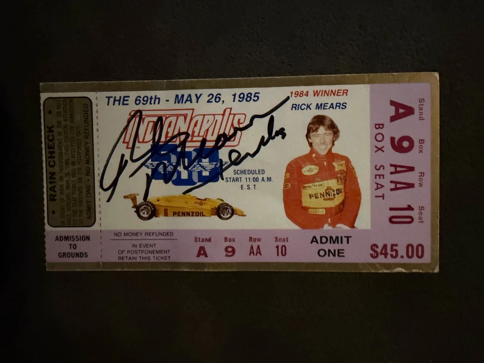 1985 Indy 500 Rick Mears Signed Ticket Stub (1984 Indy Race Winner) Auto