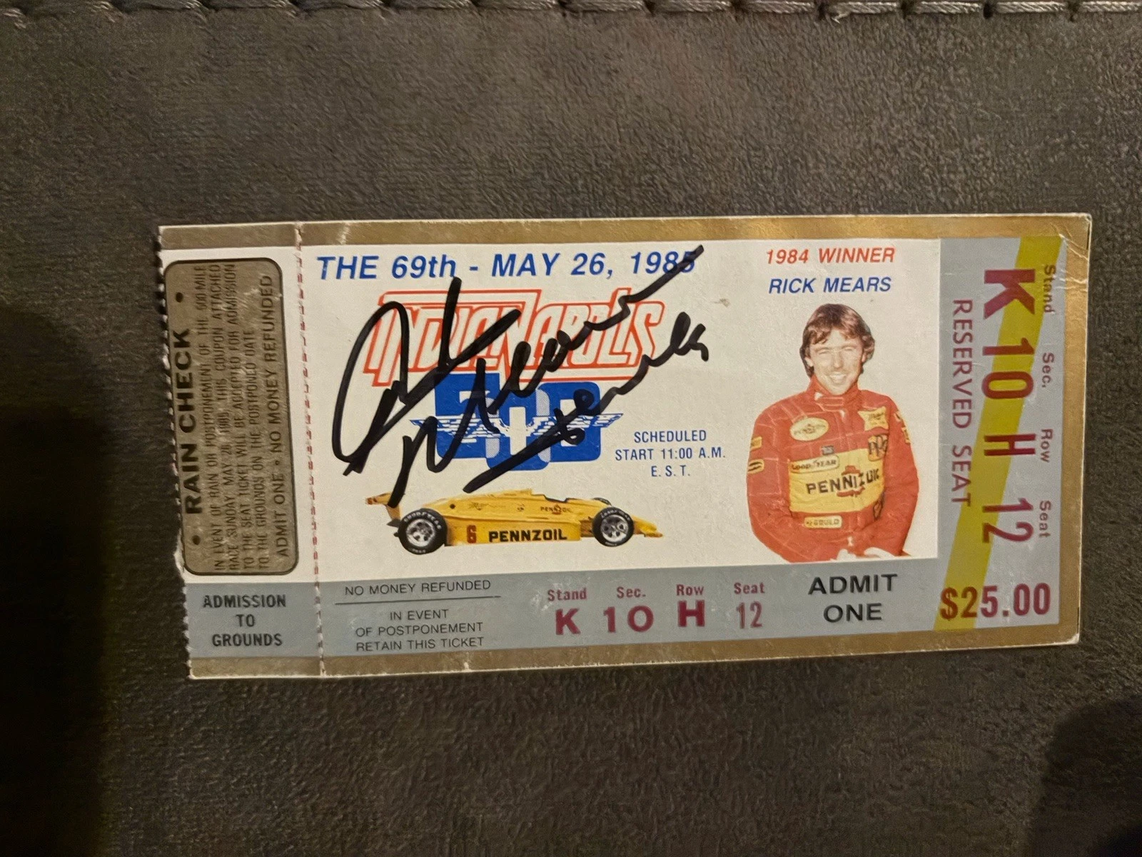 1985 Indy 500 Rick Mears Signed Ticket Stub (1984 Indy Race Winner) Auto