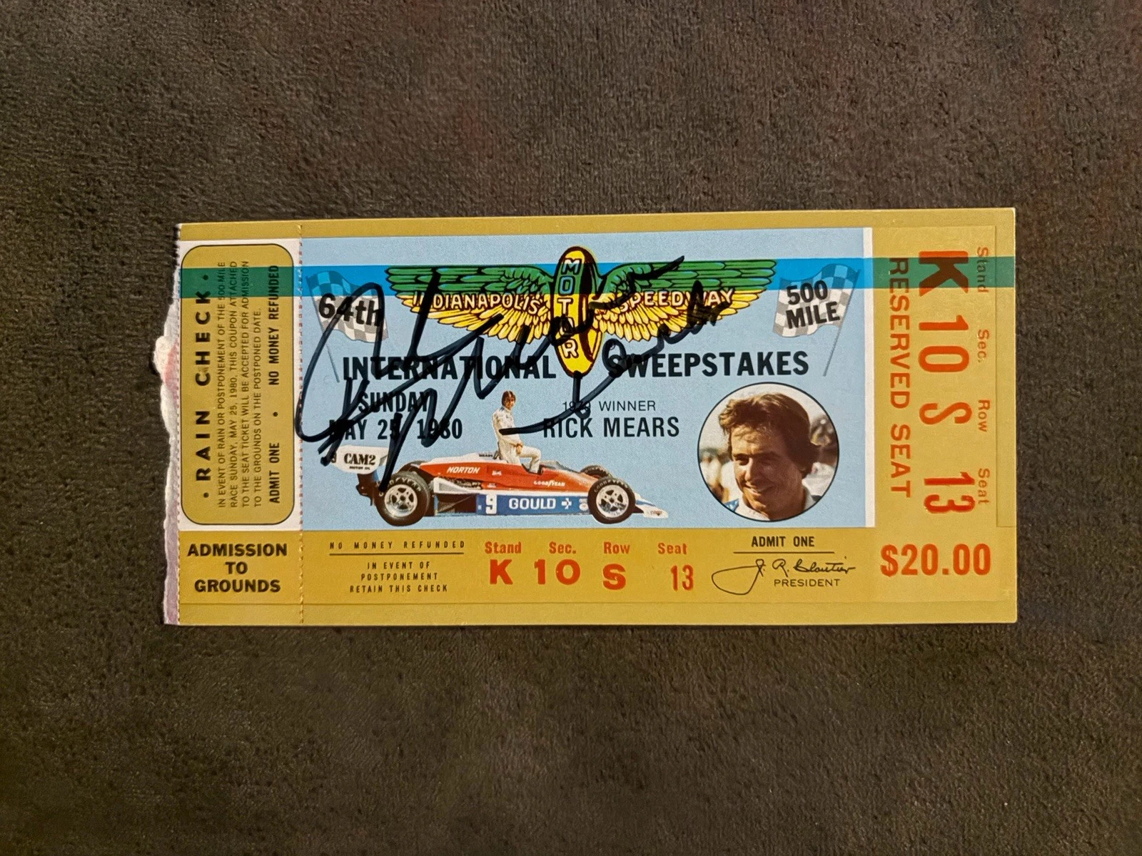 1980 Indy 500 Rick Mears Signed Ticket Stub (1979 Indy Race Winner) Auto