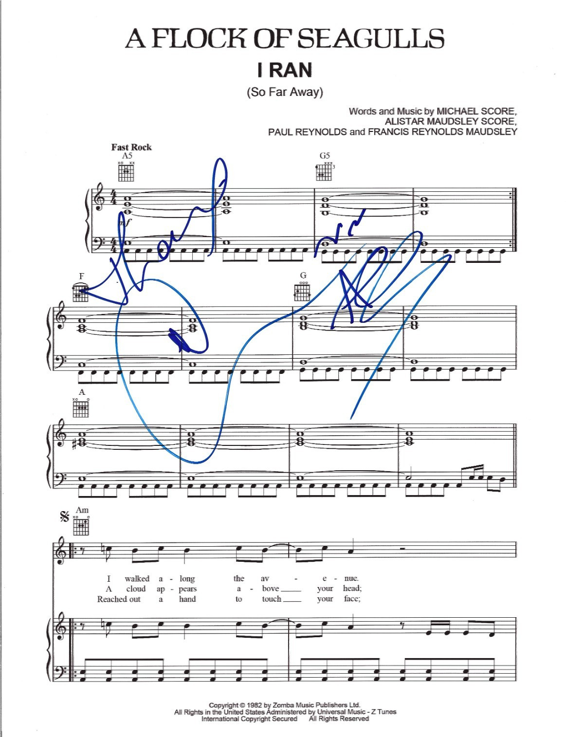 Mike Score of A Flock of Seagulls SIGNED I Ran (So Far Away) Sheet Music COA