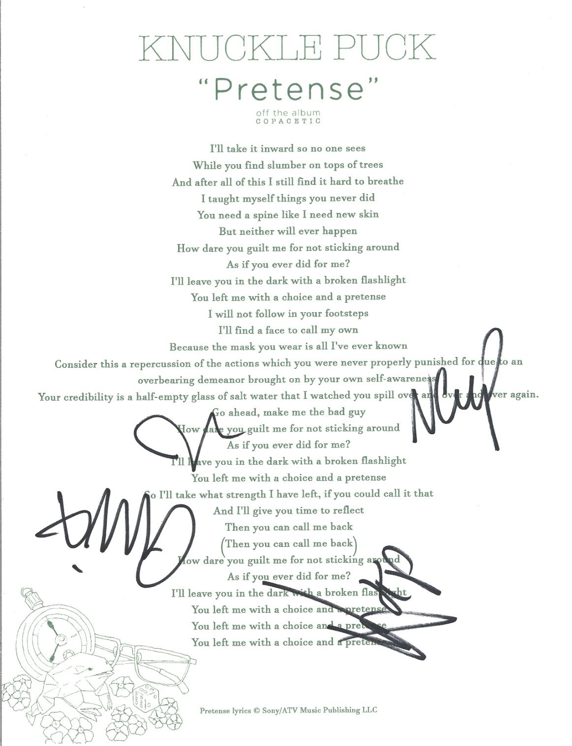 Knuckle Puck hand SIGNED Pretense Lyric Sheet #1 COA Autographed by 4 members