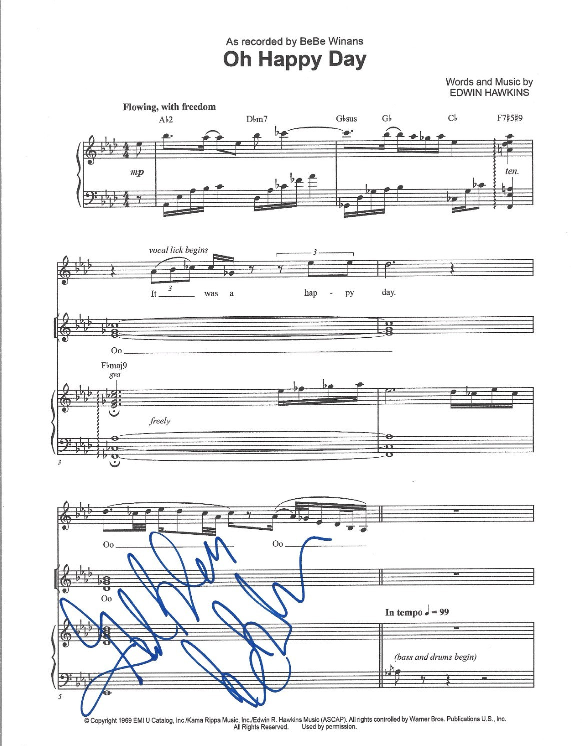 BeBe Winans REAL hand SIGNED Oh Happy Day Sheet Music #2 COA Autographed Gospel
