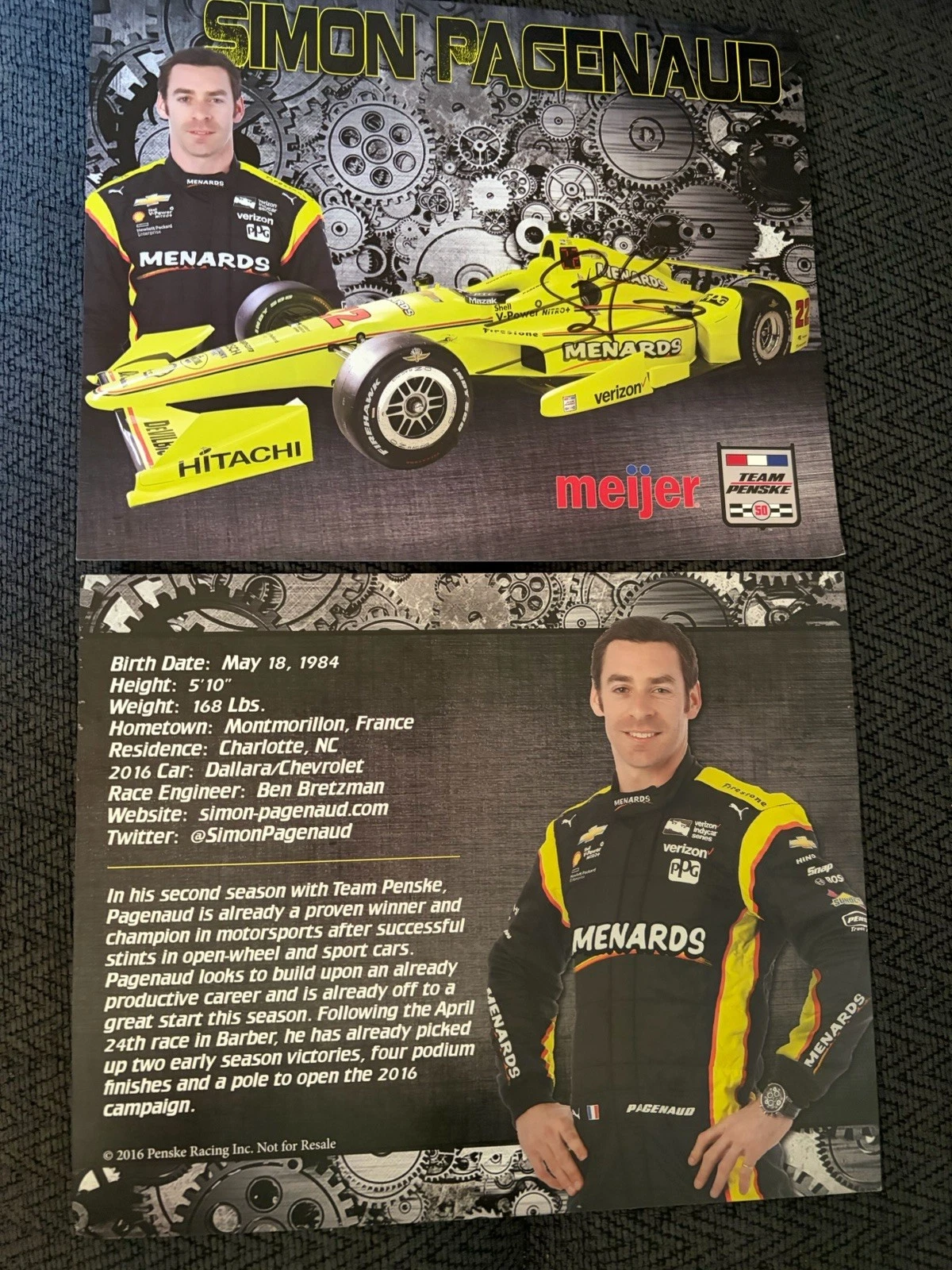 Simon Pagenaud Indy Car Indianapolis 500 Promo hero Card Auto Meijer 2016