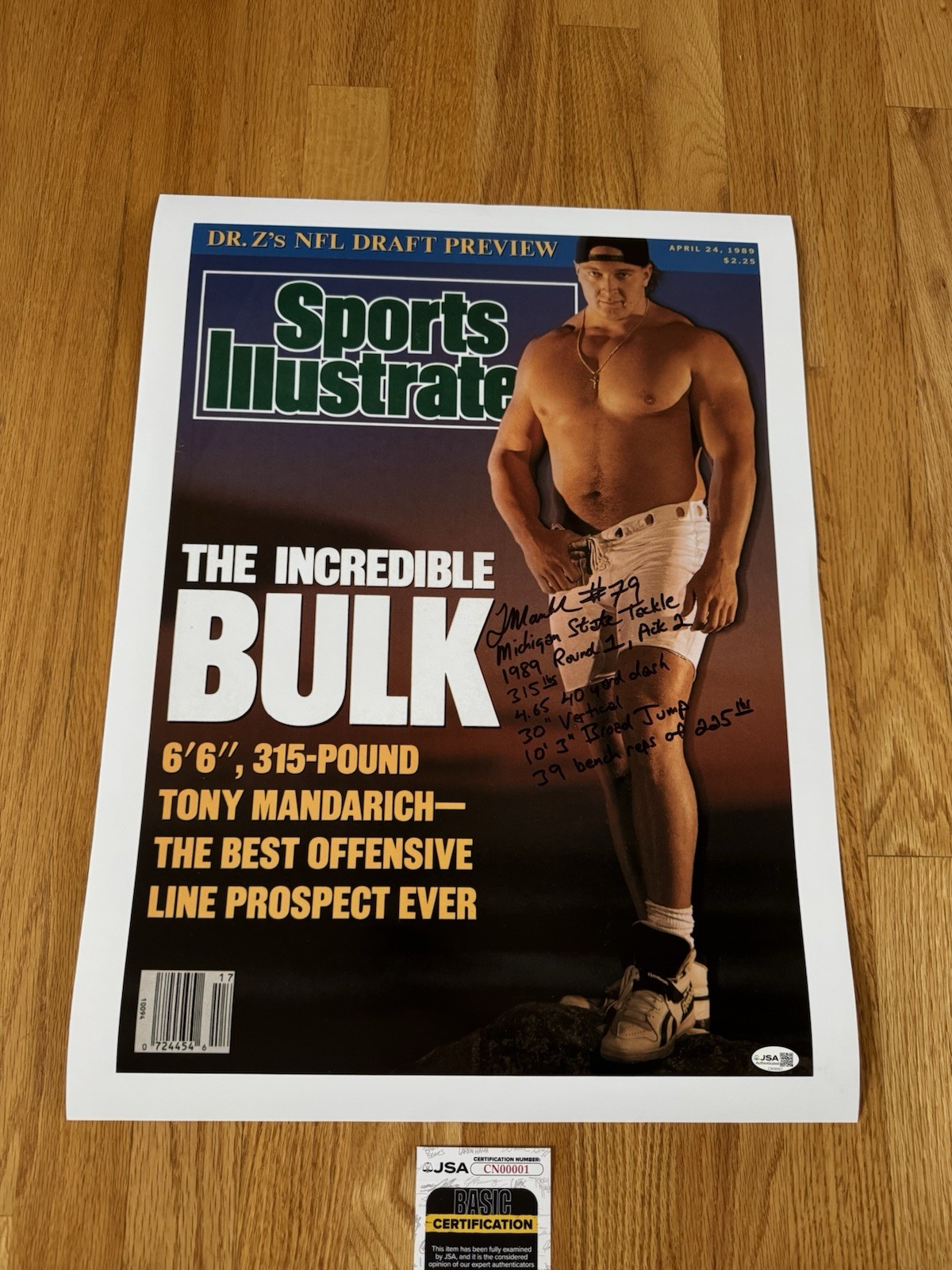 Tony Mandarich SIGNED Sports Illustrated Poster Cover W Stats Michigan State JSA