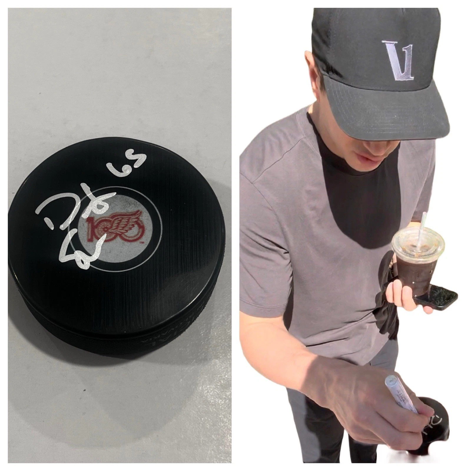 DOMINIK SHINE SIGNED DETROIT RED WINGS 100 YEARS HOCKEY PUCK W/ CASE COA