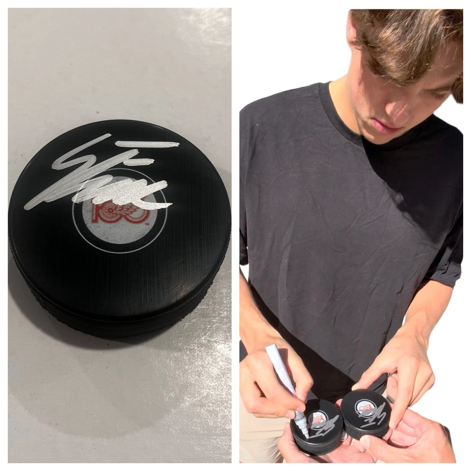 EMMITT FINNIE SIGNED DETROIT RED WINGS 100 YEARS HOCKEY PUCK W/ CASE COA