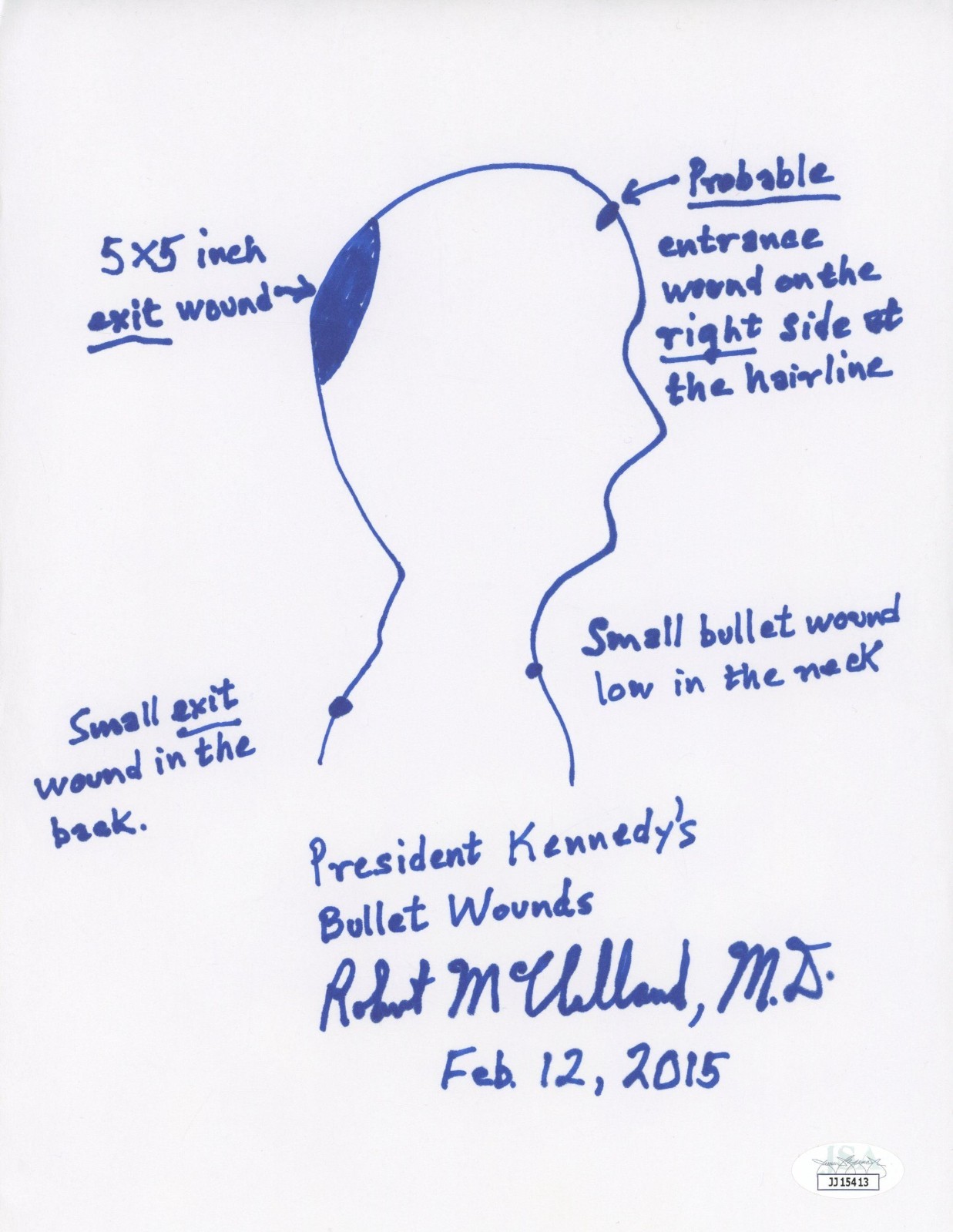 Robert McClelland Signed Hand Drawn 8x11 JFK Fatal Wound Sketch JSA