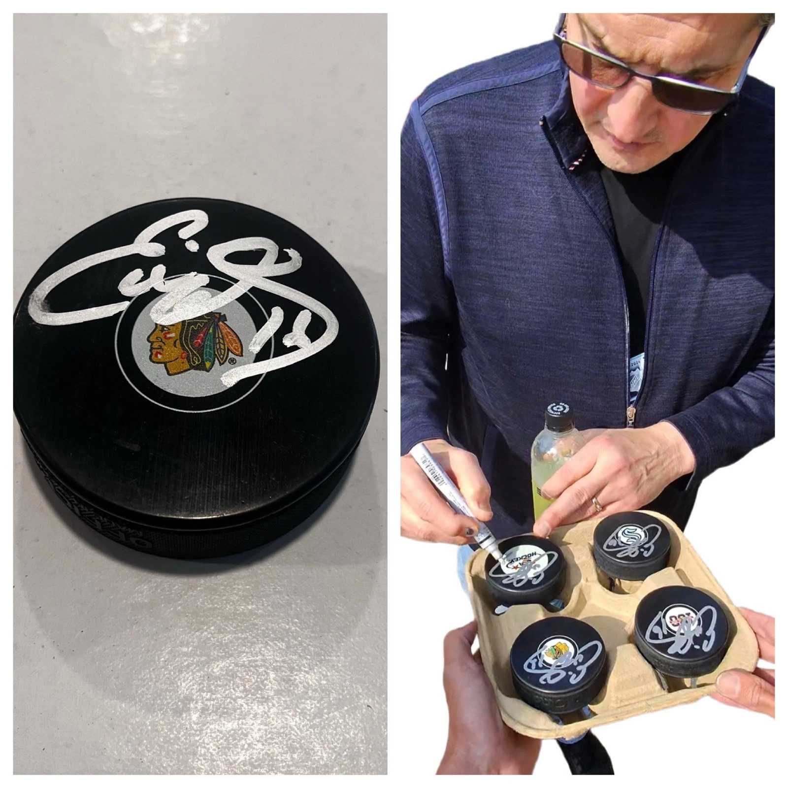 EDDIE OLCZYK SIGNED CHICAGO BLACKHAWKS HOCKEY PUCK W/ CASE COA