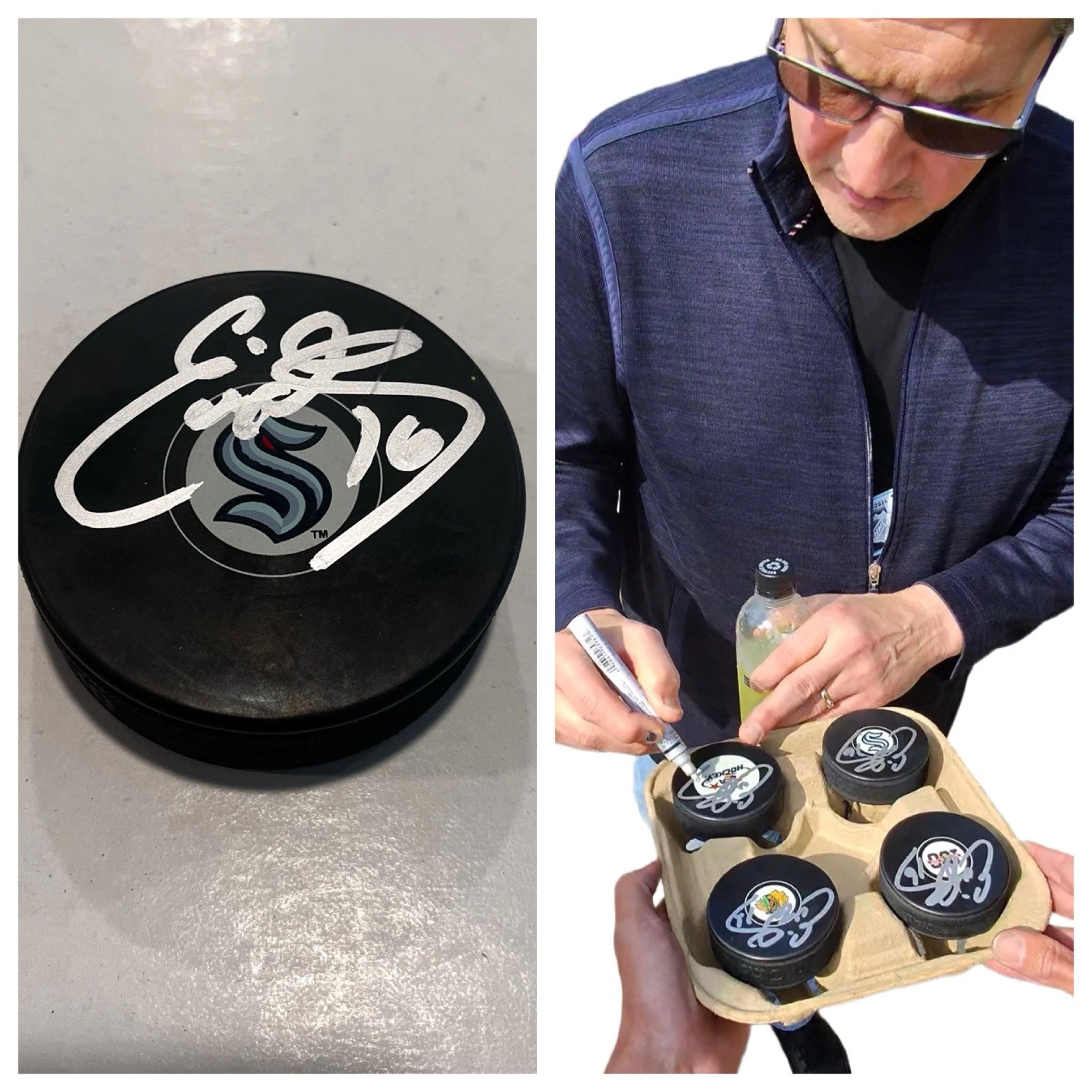 EDDIE OLCZYK SIGNED SEATTLE KRAKEN HOCKEY PUCK W/ CASE COA