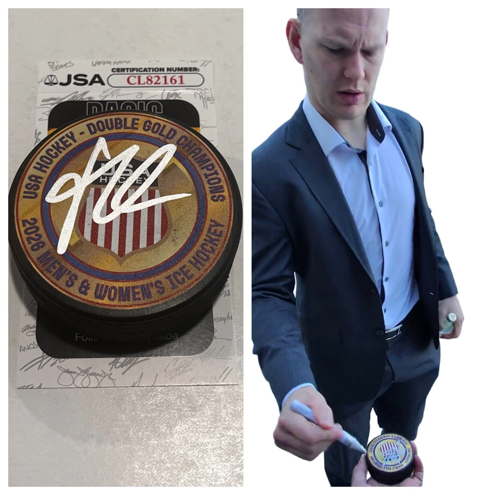 BRADY TKACHUK SIGNED USA HOCKEY 2026 GOLD PUCK W/ CASE OTTAWA SENATORS JSA COA