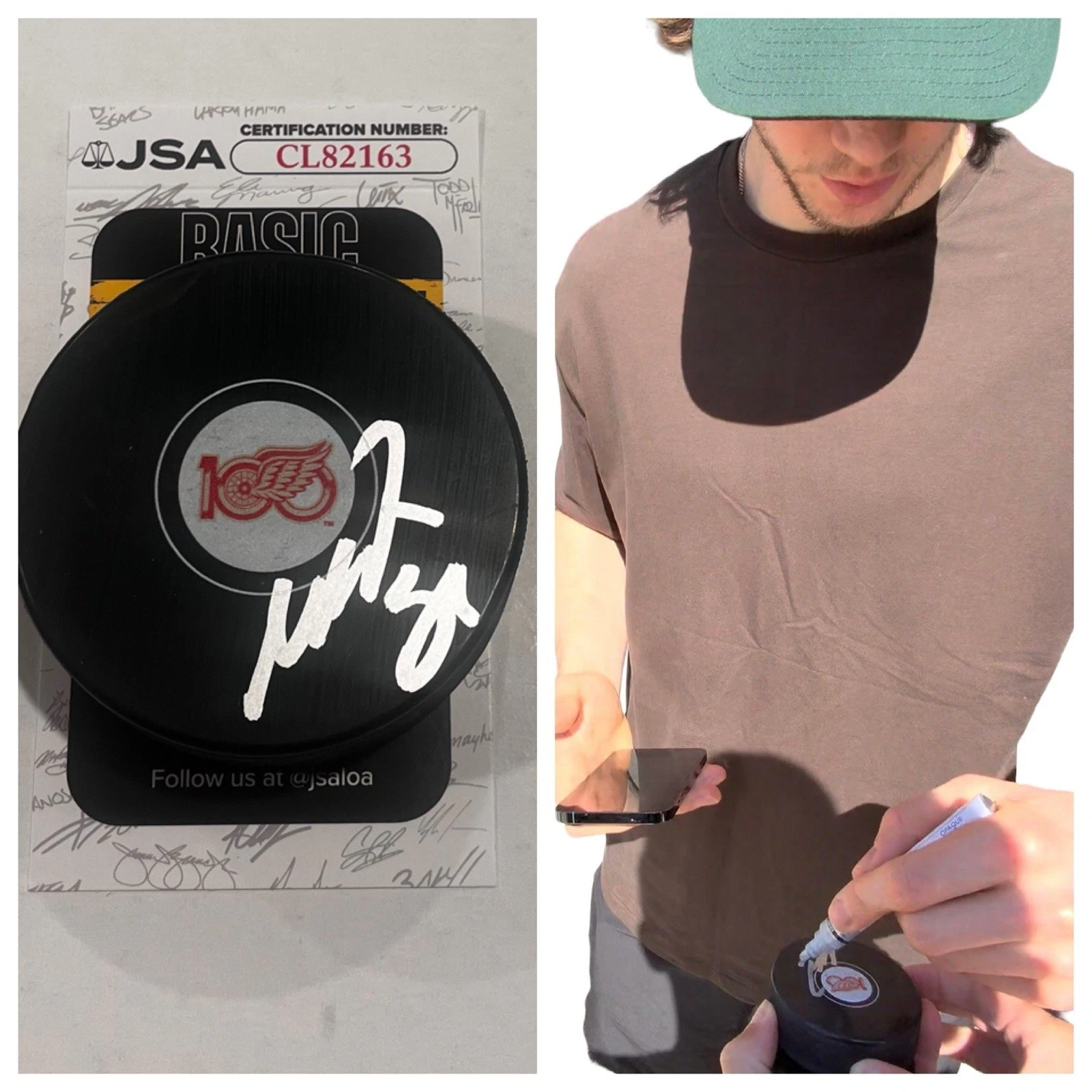 MORITZ SEIDER SIGNED DETROIT RED WINGS 100 YEARS HOCKEY PUCK W/ CASE JSA COA