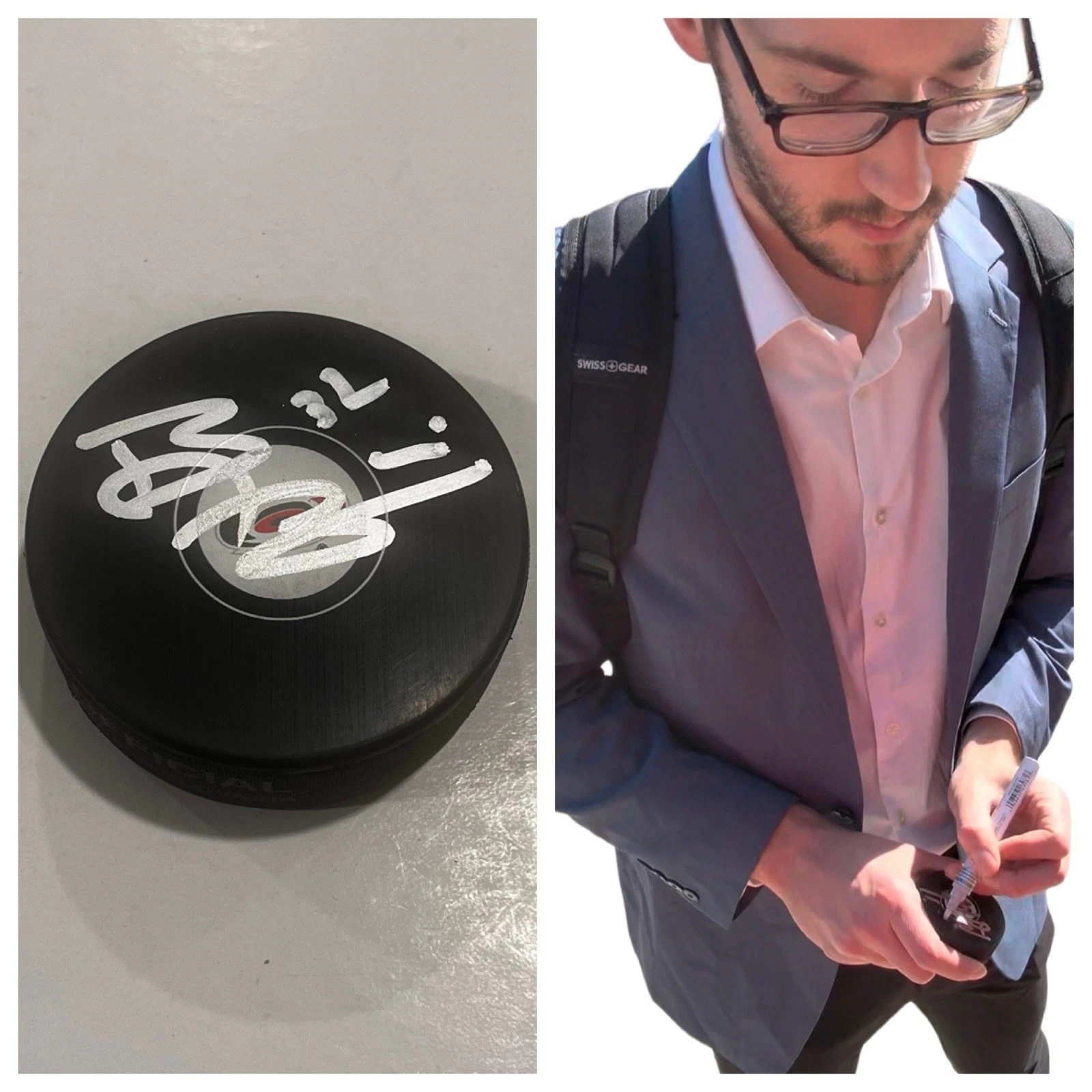 BRANDON BUSSI SIGNED CAROLINA HURRICANES HOCKEY PUCK W/ CASE COA