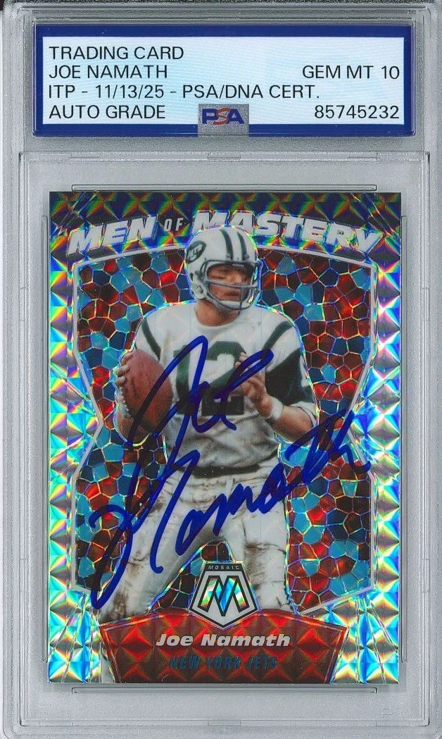 Joe Namath Signed 2020 Panini Mosaic #MM20 Mosaic Prizm Card PSA #232 10 AUTO