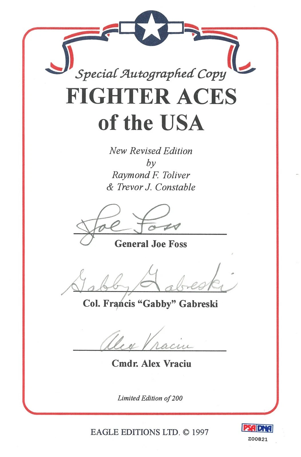 JOE FOSS GABBY GABRESKI ALEX VRACIU SIGNED FIGHTER ACES OF THE USA BOOKPLATE PSA
