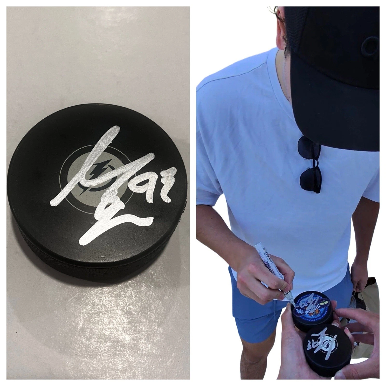 GAGE GONCALVES SIGNED TAMPA BAY LIGHTNING HOCKEY PUCK W/ CASE COA