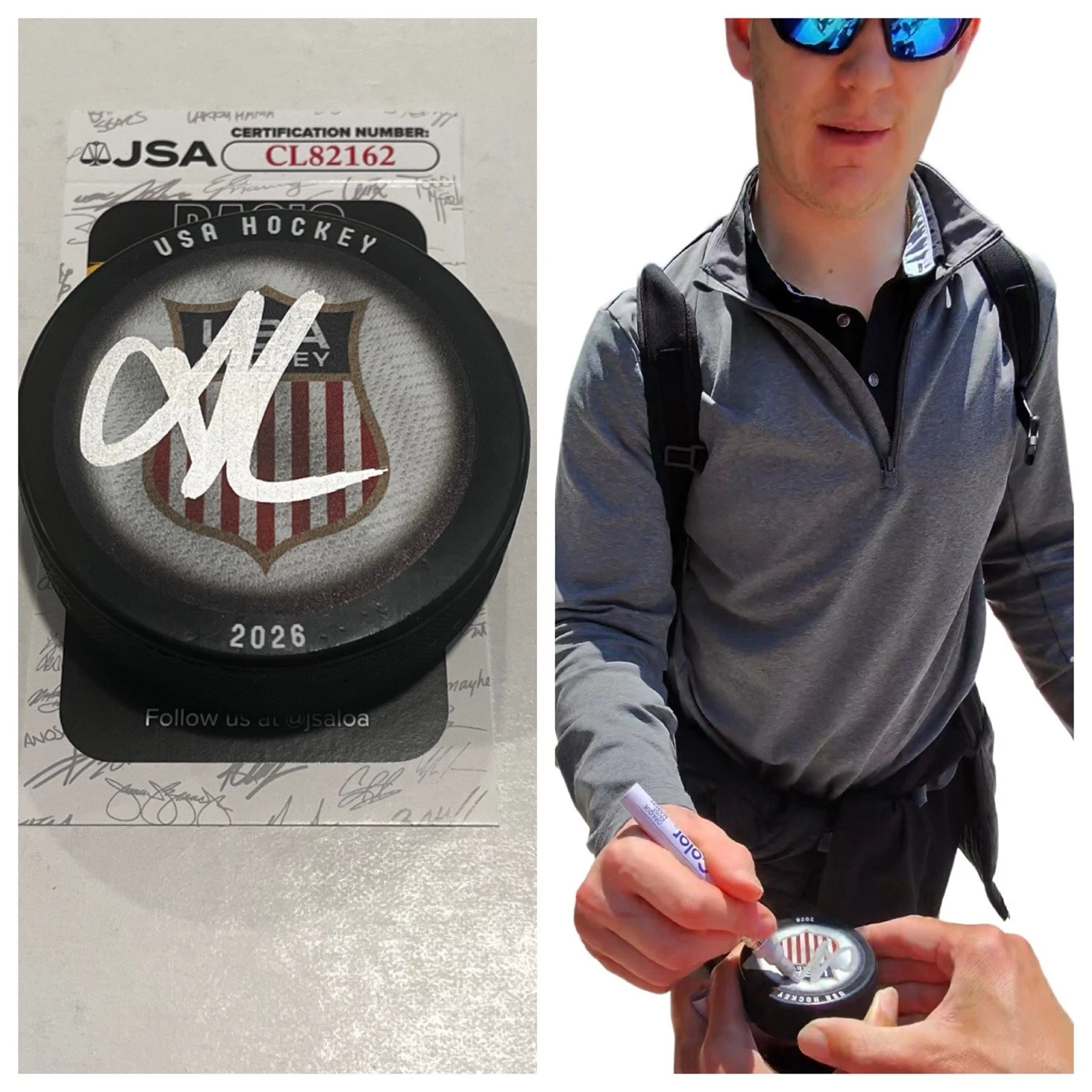 BRADY TKACHUK SIGNED USA HOCKEY 2026 PUCK W/ CASE OTTAWA SENATORS JSA COA