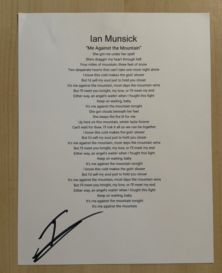 IAN MUNSICK SIGNED LYRIC SHEET AUTOGRAPHED COUNTRY SINGER STAR RARE COA