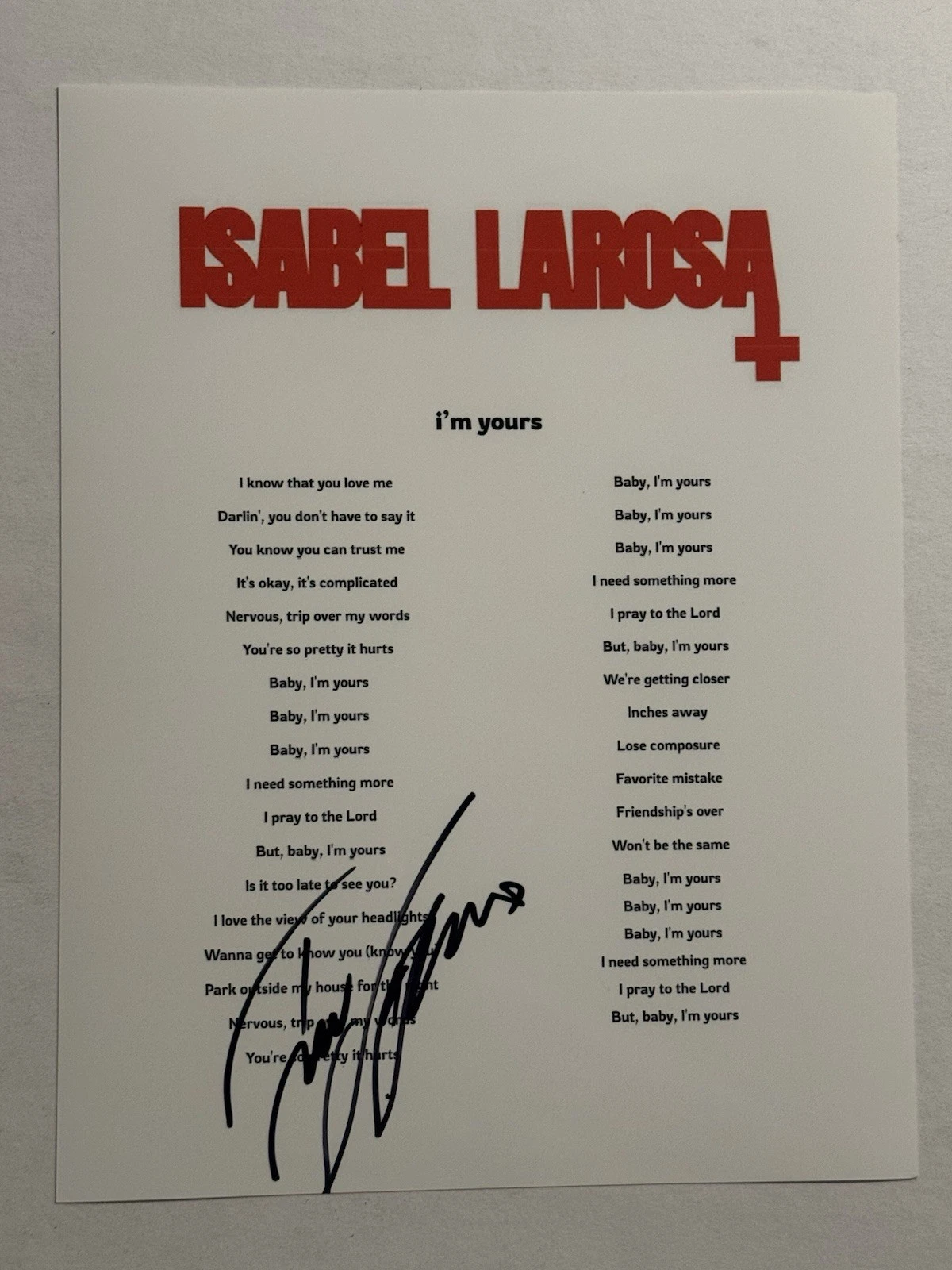ISABEL LAROSA HAND SIGNED LYRIC SHEET AUTOGRAPHED IM YOURS SINGER RARE COA