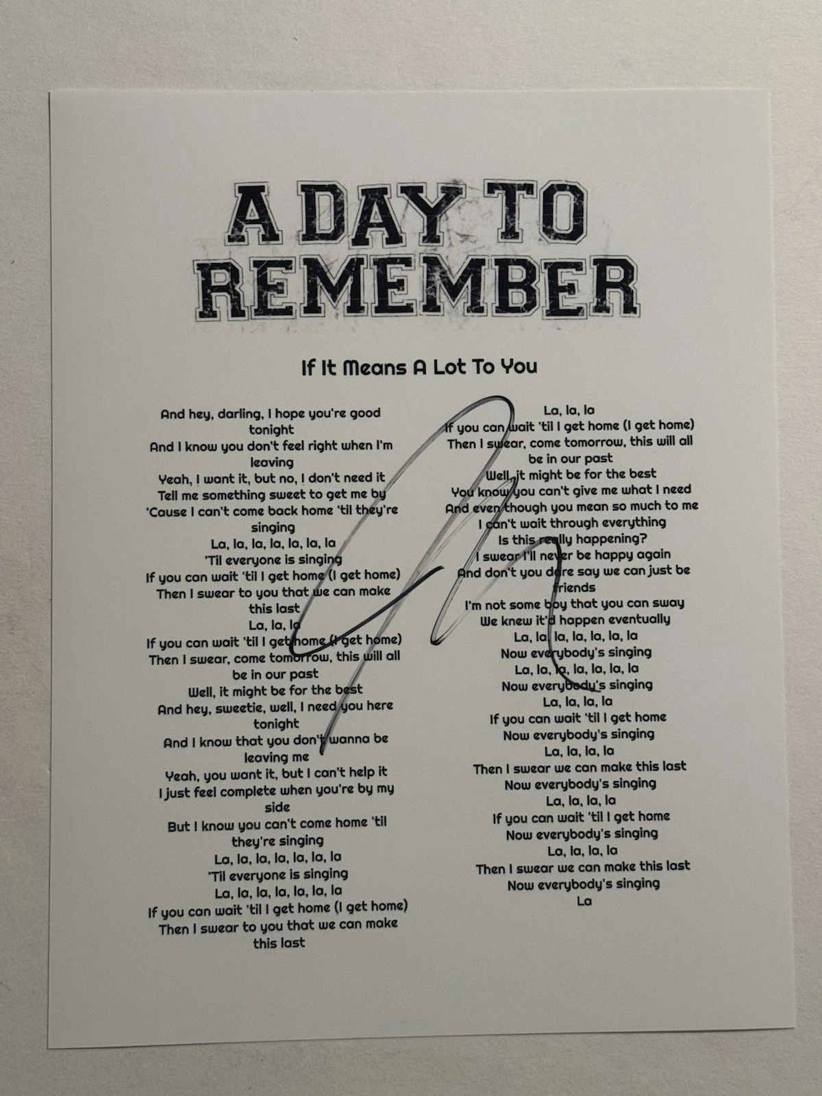 JEREMY MCKINNON SIGNED LYRIC SHEET AUTOGRAPHED A DAY TO REMEMBER BAND SINGER COA