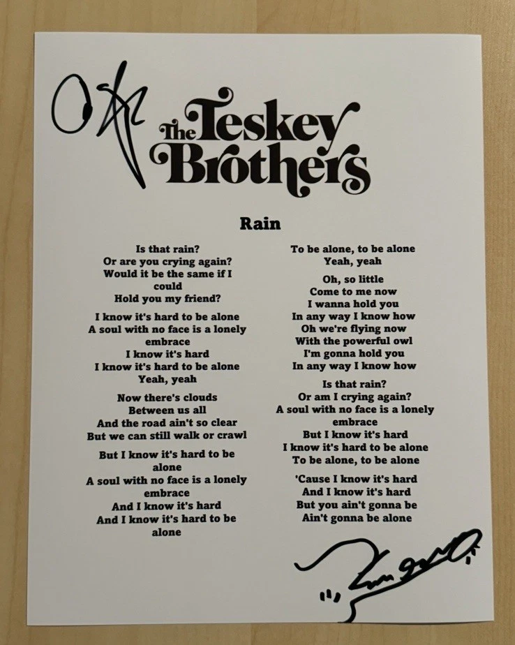 THE TESKEY BROTHERS FULL BAND SIGNED LYRIC SHEET AUTOGRAPHED RARE BLUES ROCK COA