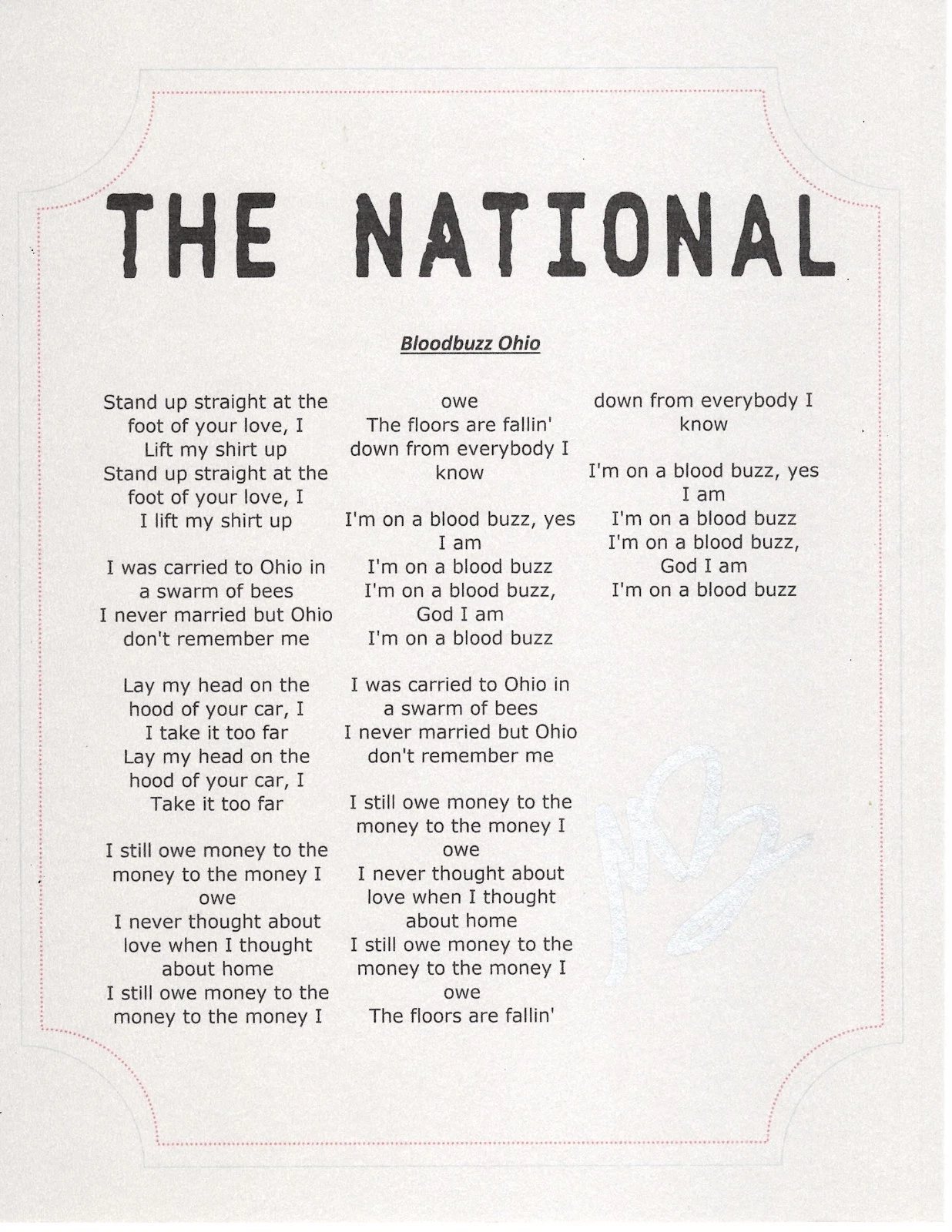 THE NATIONAL MATT BERNINGER SIGNED BLOODBUZZ OHIO LYRIC SHEET