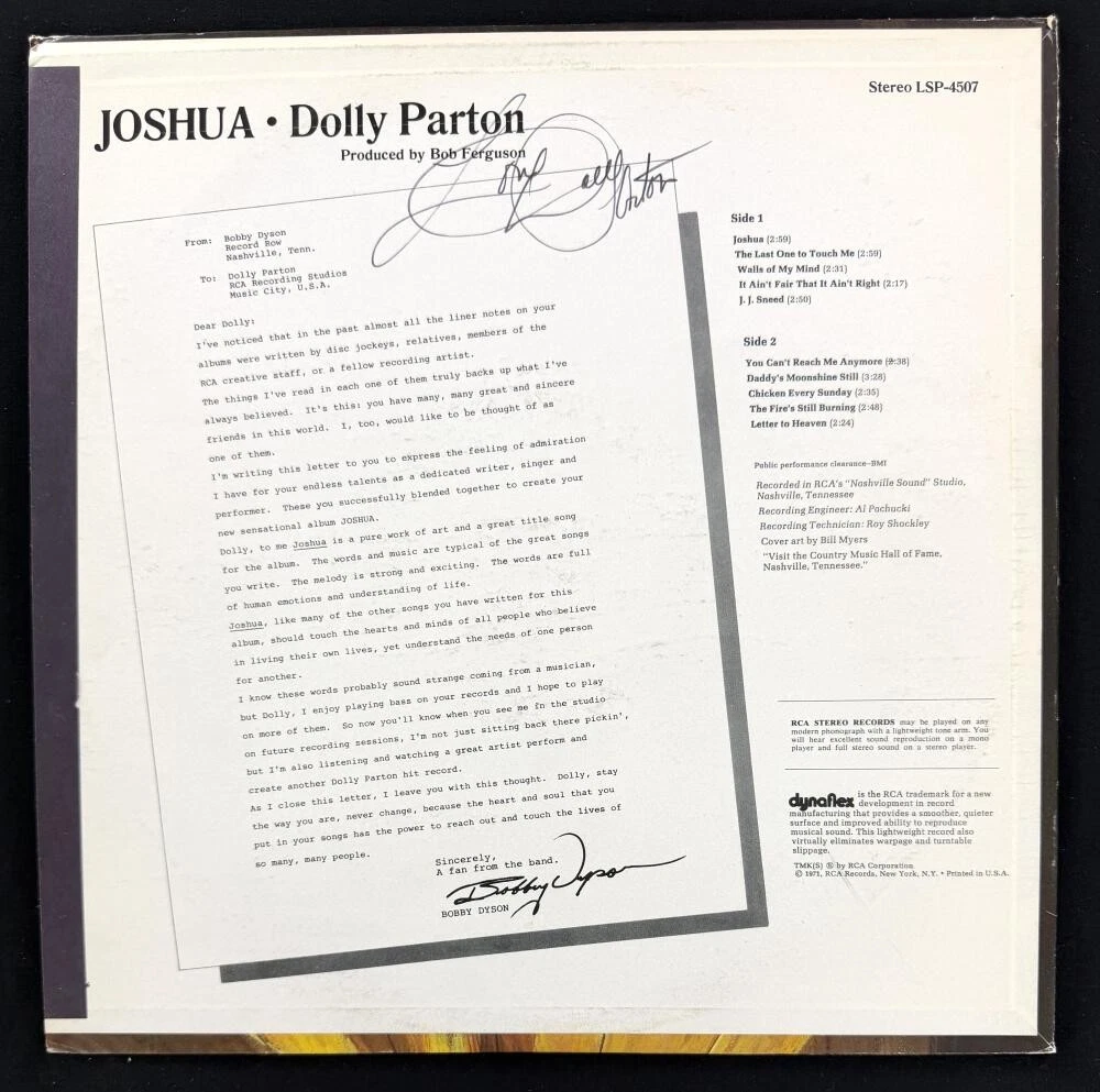 Dolly Parton Signed Autograph Album Vinyl Record LP - Joshua w/ JSA COA