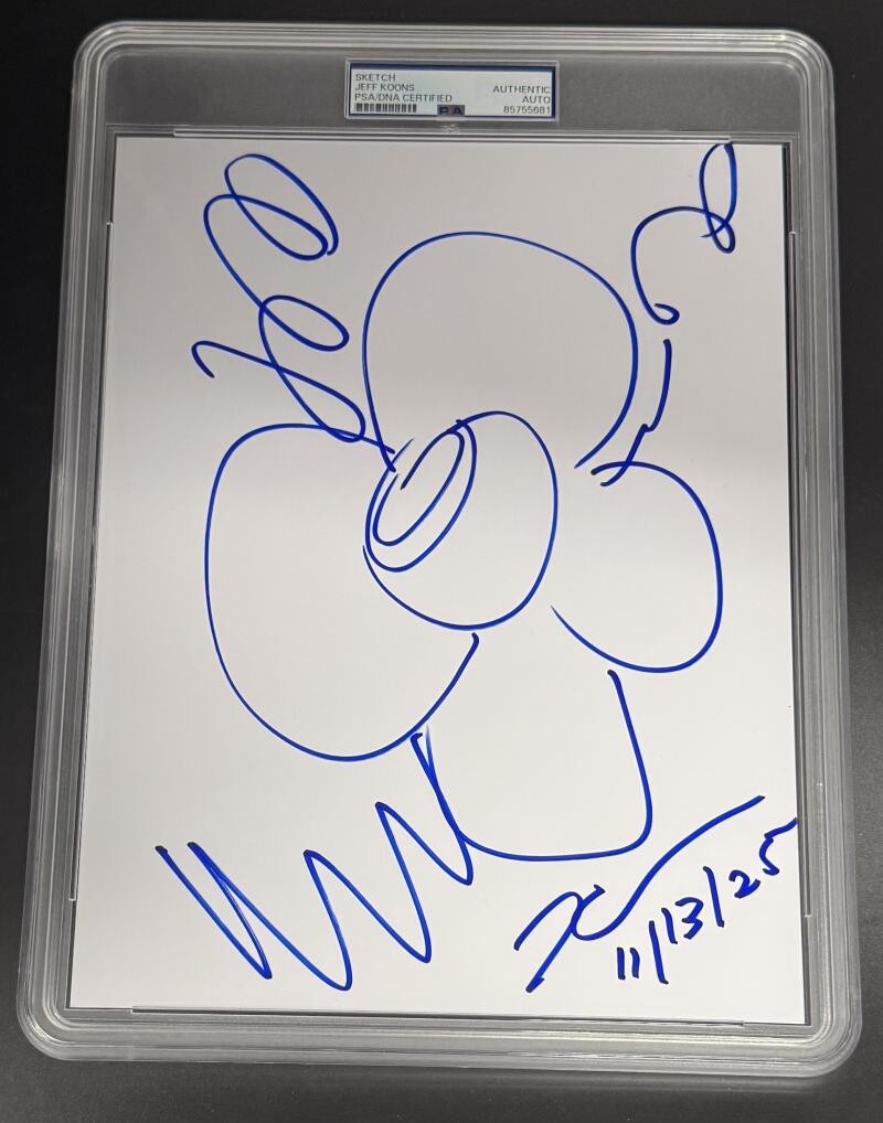Jeff Koons Signed Autograph Slab 8x10 Hand Drawn 11-13-25 Flower Sketch PSA/DNA