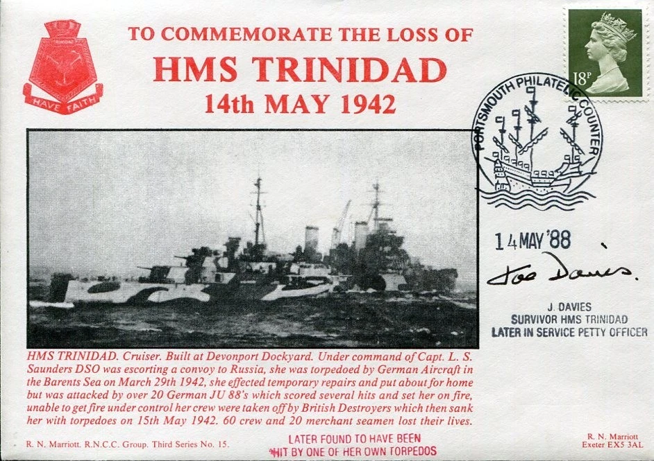 Petty Officer J Davies HMS Trinidad Sinking Survivor WWII War Signed Autograph