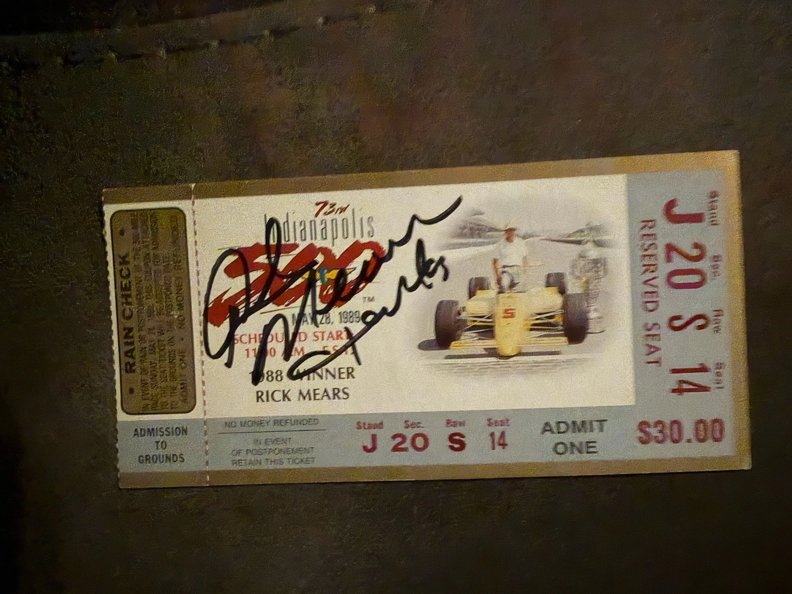1989 Indy 500 Rick Mears Signed Ticket Stub (1988 Indy Race Winner) Auto